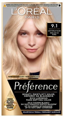  L'Oreal Paris Preference permanentna barva za lase 9.1 Oslo Light Ash Blonde z negovalnim balzamom z UV filtrom in derivatom vitamina E