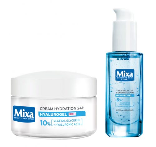  Mixa Hyalurogel set: bogata vlažilna dnevna in nočna krema za obraz za občutljivo kožo 50 ml, hipoalergeni serum s hialuronsko kislino 30 ml