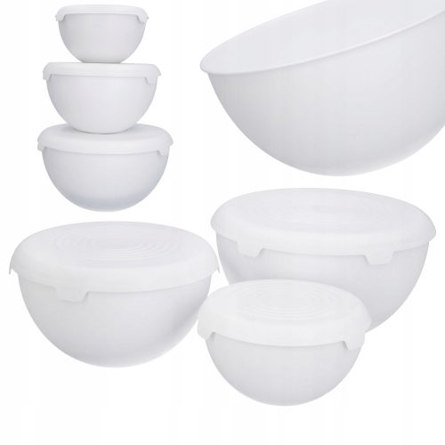 Set plastičnih kuhinjskih skled s pokrovom, beli, 3 kosi, 1,5l, 3l, 6l