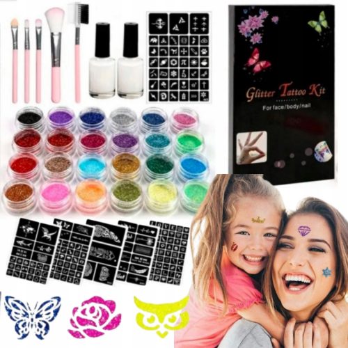  VELIK TATTOO SET GLItter TATTOOS ŠABLONE 24 BARV