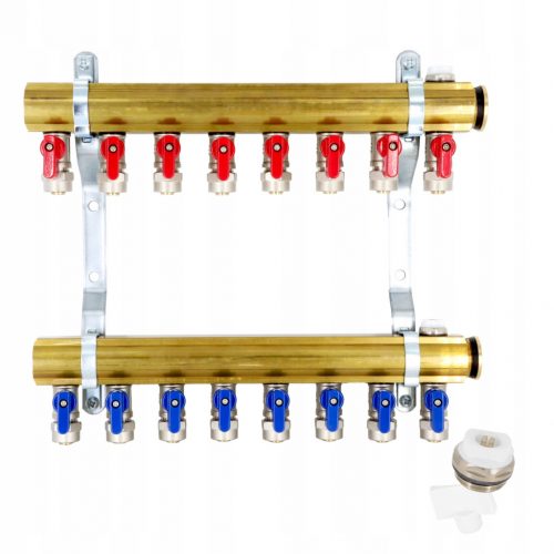  CO razdelilnik z 8 krogi, medenina, opremljen z PEX ventili in zračniki