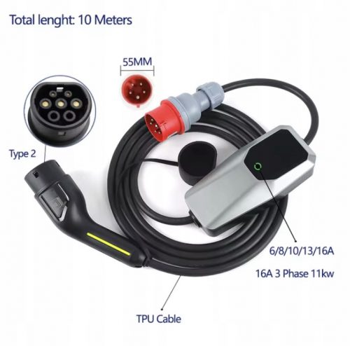  3-fazni polnilec 16A, 11kW, dolžina kabla 10m